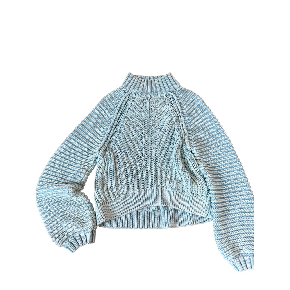 Free People Sweetheart Mock Neck Sweater Light Blue Chunky Knit Balloon Sleeve S